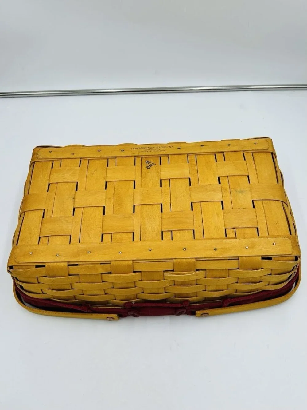 Longaberger Hostess Basket Two Handles Wooden Lid Red Fabric Plastic Liner 2002